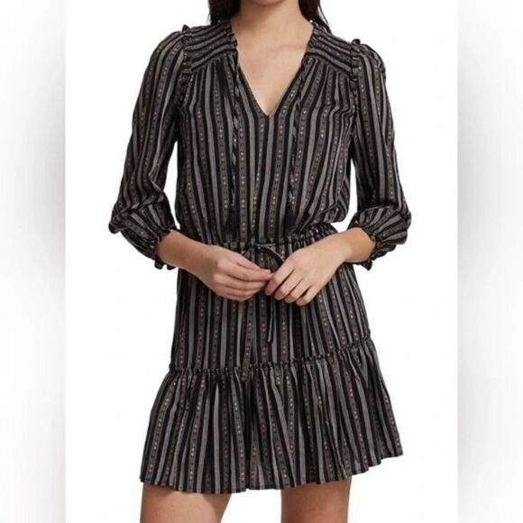 Paige Kaylynn Mini Black Multi Dress Striped Pleated V-Neck Blouse Size S - Picture 7 of 12
